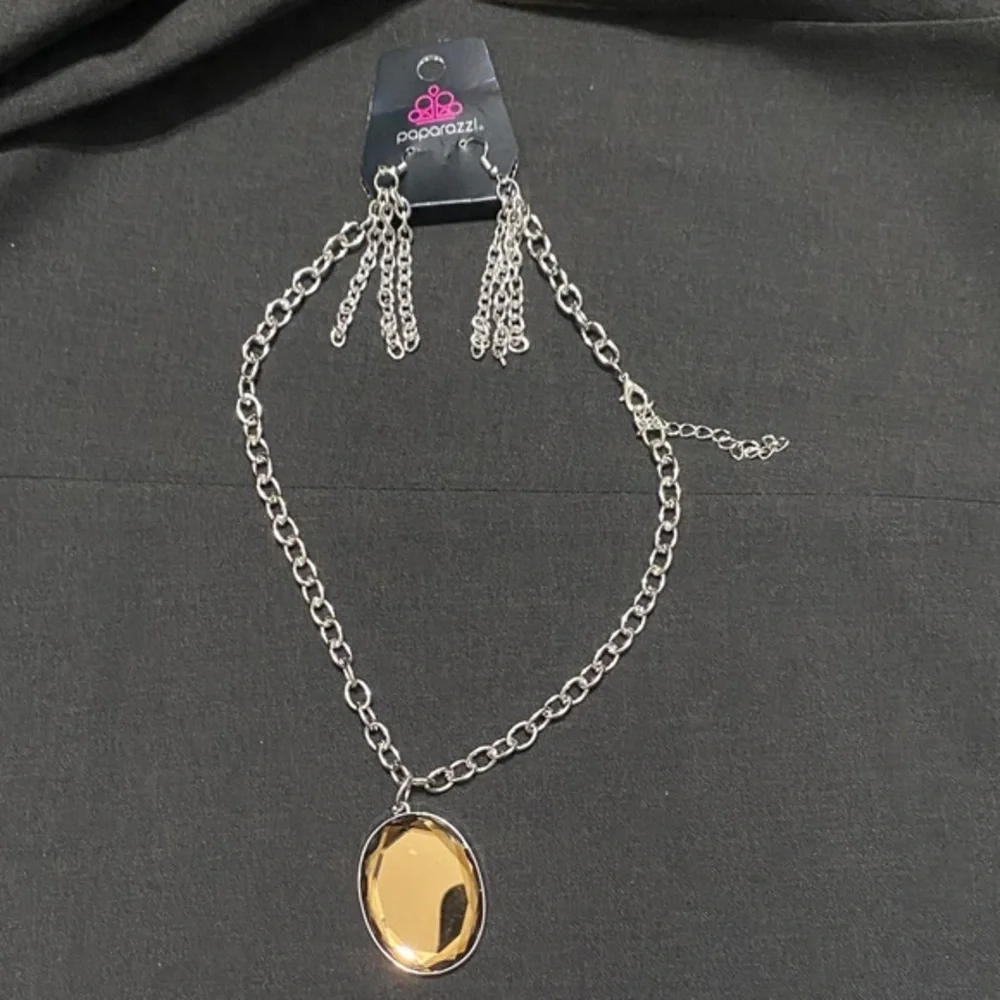 Paparazzi Silver Earings and Chain with Amber Pendant Necklace